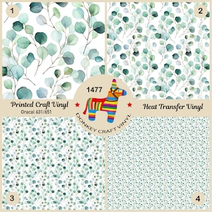 May include: Four vinyl sheets with eucalyptus leaf patterns. The top left sheet is labeled "Printed Craft Vinyl" and the top right sheet is labeled "Heat Transfer Vinyl". The image also includes a colorful donkey pinata logo and the number "1477".