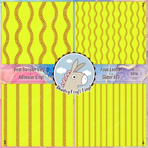 May include: Four different patterns of heat transfer vinyl and faux leather glitter HTV. The patterns are baseball stitching, wavy lines, straight lines, and wavy lines. The vinyl is yellow with red stitching. The text "Heat Transfer Vinyl Adhesive Vinyl" and "Faux Leather Glitter HTV" is on the image. The text "Donkey Craft Vinyl" is in a circle with a donkey illustration.