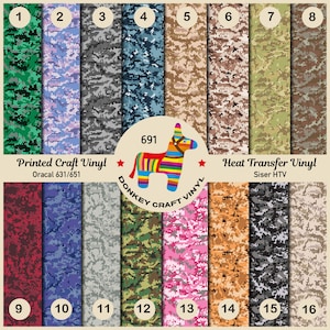 May include: A chart of 16 different camouflage patterns in various colors, including green, blue, brown, and pink. The chart is labeled with numbers 1 through 16. The text "Printed Craft Vinyl" and "Oracal 631/651" is at the top of the chart. The text "Heat Transfer Vinyl" and "Siser HTV" is at the bottom of the chart. The text "691" and a donkey with a rainbow mane are in the center of the chart.