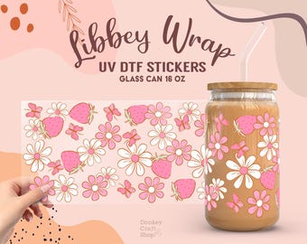 Flower, strawberry, Butterfly UV Dtf Sticker, Ready to Transfer, Libbey Glass Can Wrap, Cup Wrap, UV Dtf Transfers, Tumbler Uv Sticker UV101