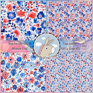 Peut inclure: Quatre échantillons de tissu avec des motifs floraux rouges et bleus. L'échantillon en haut à gauche est étiqueté "Heat Transfer Vinyl Adhesive Vinyl". L'échantillon en haut à droite est étiqueté "Faux Leather PUFF & Glitter HTV". L'échantillon en bas à droite porte le numéro "1751". Le logo Donkey Craft Vinyl est au centre.