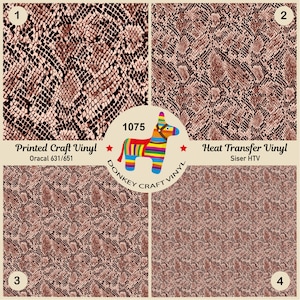 May include: Four squares of brown and black snake skin patterned vinyl. The top left square is labelled "1" and "Printed Craft Vinyl Oracal 631/651". The top right square is labelled "2" and "Heat Transfer Vinyl Siser HTV". The bottom left square is labelled "3". The bottom right square is labelled "4". A donkey with a rainbow saddle is in the centre of the image with the text "1075 DONKEY CRAFT VINYL".