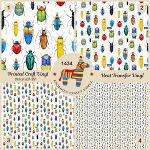 May include: Four different patterns of colorful beetle designs on white backgrounds. The patterns are labeled 1, 2, 3, and 4. The text "Printed Craft Vinyl" and "Oracal 631/651" are at the top of the first pattern. The text "Heat Transfer Vinyl" is at the top of the second pattern. The text "1434 DONKEY CRAFT VINYL" is in the center of the image.