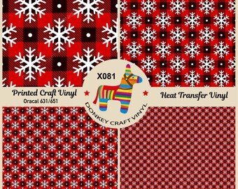 Christmas Tartan Plaid Snowflake Printed HTV, Pattern Vinyl, Iron on Vinyl, Pattern HTV, Heat Transfer Vinyl, Adhesive Craft Vinyl- X081