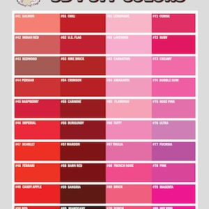 K&ouml;nnte beinhalten: Eine Farbkarte mit 30 verschiedenen Rot-, Rosa- und Oranget&ouml;nen. Jede Farbe ist mit einer Nummer und einem Namen gekennzeichnet, z. B. #41 Lachs, #51 Chili und #61 Limonade. Die Karte tr&auml;gt den Titel "3D Puff Colors".