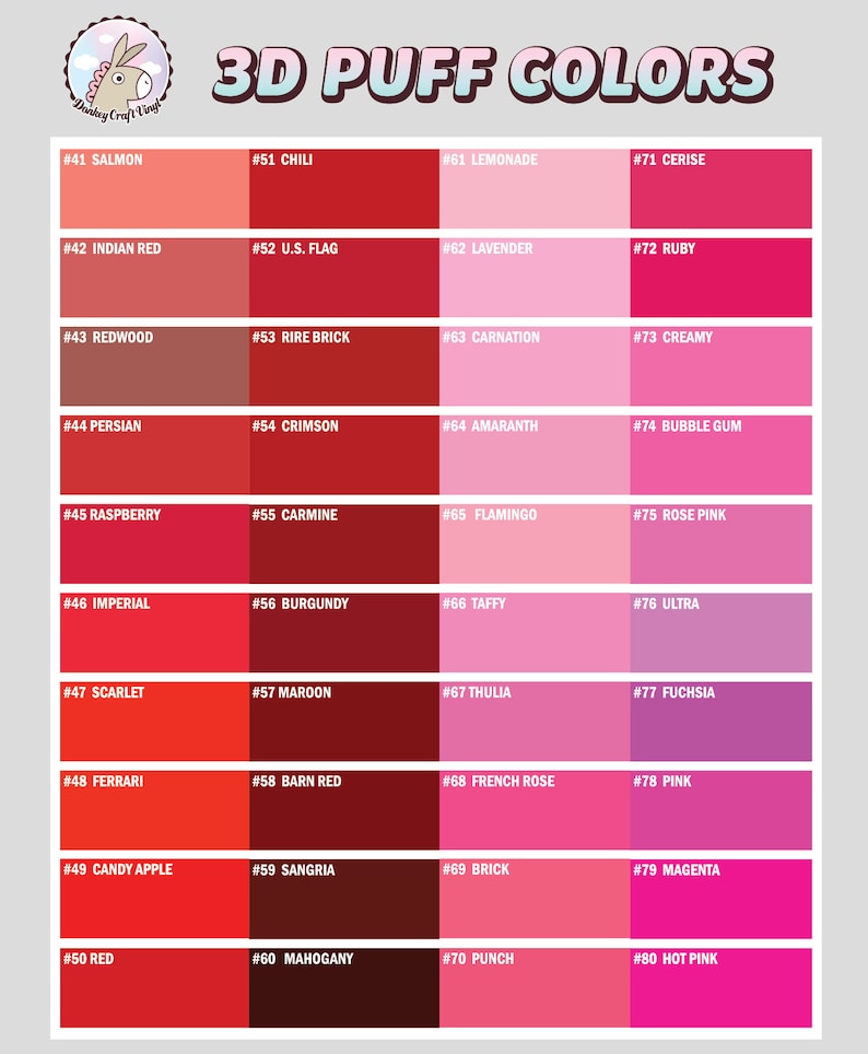 K&ouml;nnte beinhalten: Eine Farbkarte mit 30 verschiedenen Rot-, Rosa- und Oranget&ouml;nen. Jede Farbe ist mit einer Nummer und einem Namen gekennzeichnet, z. B. #41 Lachs, #51 Chili und #61 Limonade. Die Karte tr&auml;gt den Titel "3D Puff Colors".