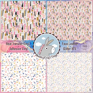 Peut inclure: Quatre motifs différents de vinyle thermocollant et de HTV pailleté en simili cuir. Les motifs comprennent une mosaïque de rectangles roses, dorés et gris sur fond noir, un motif terrazzo avec des éclats roses, jaunes, bleus et gris sur fond blanc, et deux variations du motif terrazzo avec des combinaisons de couleurs différentes.
