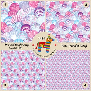 May include: Four different patterns of pink, purple, and blue seashells on a white background. The patterns are labeled 1, 2, 3, and 4. The text "Printed Craft Vinyl" and "Oracal 631/651" are at the top of the image. The text "Heat Transfer Vinyl" is at the bottom of the image. A donkey with a rainbow saddle is in the center of the image with the text "1481" above it and "DONKEY CRAFT VINYL" below it.