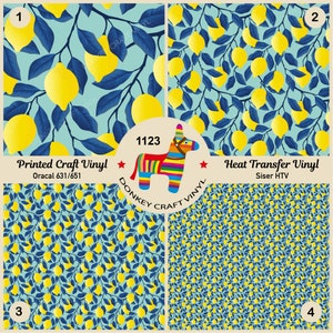 Op de afbeelding: Vier vellen met citroenmotief vinyl, twee vellen zijn bedrukt ambachtelijk vinyl en twee vellen zijn hittetransfer vinyl. De vellen zijn genummerd van 1 tot en met 4. De tekst "Printed Craft Vinyl" en "Oracal 631/651" staat gedrukt op het bovenste vel. De tekst "Heat Transfer Vinyl" en "Siser HTV" staat gedrukt op het bovenste rechter vel. Een ezel-piñata met regenboogstrepen bevindt zich in het midden van de afbeelding met de tekst "1123" en "DONKEY CRAFT VINYL".