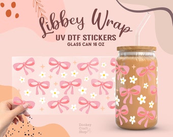 Pink Bows UV Dtf, Ready to Transfer, Libbey Glass Can Wrap, UV Dtf Cup Wrap, UV Dtf Transfers, 16oz Cup Wrap UV008