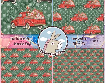 Christmas Tree Vintage Truck Printed HTV, Pattern Faux Leather, Glitter HTV, Iron on Puff Heat transfer Vinyl,  Adhesive Craft Vinyl- X119