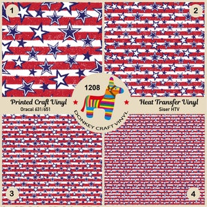 May include: Four vinyl patterns with red and white stripes and blue and white stars. The patterns are labeled as Printed Craft Vinyl and Heat Transfer Vinyl. A colorful donkey pinata logo is in the center, with the number 1208.