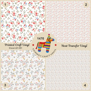 May include: Four floral patterned vinyl sheets. The top left sheet is labeled "Printed Craft Vinyl" and features red and blue flowers. The top right sheet is labeled "Heat Transfer Vinyl" with small red flowers. The bottom sheets have similar floral patterns. A colorful donkey logo is in the center.