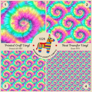 May include: Four colorful tie-dye patterns, two for printed craft vinyl and two for heat transfer vinyl. The patterns are in shades of pink, blue, yellow, and green. The text "Printed Craft Vinyl Oracal 631/651" and "Heat Transfer Vinyl Siser HTV" are included in the image.
