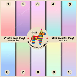 May include: Ten color swatches of heat transfer vinyl and printed craft vinyl. The swatches are arranged in two rows of five. The colors are a gradient from pink to blue. The swatches are labeled with numbers 1 through 10. The text "Printed Craft Vinyl" and "Oracal 631/651" are printed below the first row of swatches. The text "Heat Transfer Vinyl" and "Siser HTV" are printed below the second row of swatches.