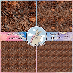 May include: Four squares of faux leather heat transfer vinyl with a brown embossed pattern. The top left square says "Heat Transfer Vinyl - Adhesive Vinyl". The top right square says "Faux Leather - Glitter HTV 1608".