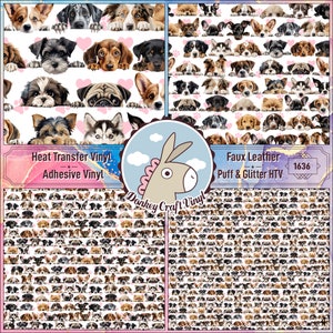May include: A digital sheet featuring a repeating pattern of adorable dogs peeking over a white surface with pink hearts. The sheet is available in two materials: heat transfer vinyl and faux leather puff and glitter HTV. The text "Donkey Craft Vinyl" is visible in the lower center of the image.
