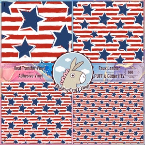 May include: Four patterned vinyl sheets with a patriotic theme. The designs feature red and white stripes with blue stars. The image also includes text that reads "Heat Transfer Vinyl, Adhesive Vinyl, Faux Leather, PUFF & Glitter HTV" and a logo.