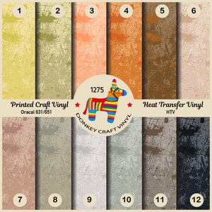 Peut inclure: Un tableau présentant 12 couleurs différentes de vinyle, numérotées de 1 à 12. Le vinyle est destiné aux projets de bricolage et de transfert thermique. Le tableau comprend également le texte "Vinyle artisanal imprimé Oracal 631/651" et "Vinyle thermocollant HTV".