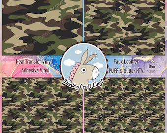 Green Military Camouflage Printed HTV, Patterned Vinyl, Pattern HTV, Glitter HTV, Puff Heat transfer Vinyl, Adhesive Craft Vinyl 046