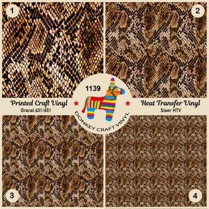 May include: Four samples of snake skin patterned vinyl. The top left sample is labeled "Printed Craft Vinyl" and the top right sample is labeled "Heat Transfer Vinyl". The image also includes a colorful donkey logo and the number "1139".