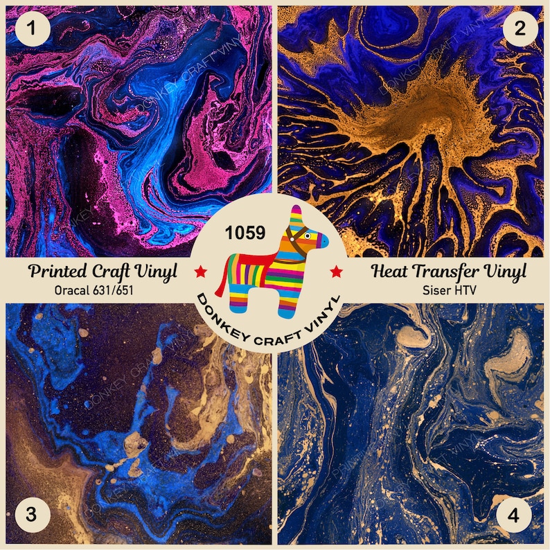 May include: A collage of four vinyl sheets with abstract designs. The top left features pink, blue, and black swirls. The top right has gold and blue patterns. The bottom two have gold and blue marbling. The image includes text: "Printed Craft Vinyl" and "Heat Transfer Vinyl".