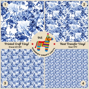 Watercolor Blue Vintage Flowers Printed HTV, Iron on Vinyl, Patterned HTV, Puff Heat transfer Vinyl,  Adhesive Craft Vinyl- 946