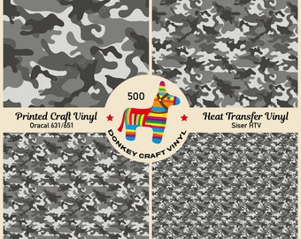 Gray Military Camouflage Printed HTV, Pattern Vinyl, Glitter HTV,  Faux leather, Puff Heat transfer Vinyl,  Adhesive Craft Vinyl- 500