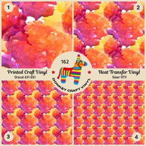 Può includere: Quattro fogli di vinile artigianale con disegni astratti ad acquerello nei toni dell'arancione, giallo e viola. L'immagine include il testo "Printed Craft Vinyl" e "Heat Transfer Vinyl", il marchio "Donkey Craft Vinyl" e un logo di asino colorato.