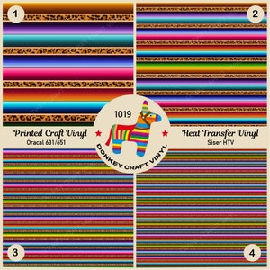May include: Four colorful patterned designs for crafting. The designs are inspired by Mexican serape blankets. The designs are available in two types of vinyl: printed craft vinyl and heat transfer vinyl. The text "1019 DONKEY CRAFT VINYL" is in a circle with a star on each side.