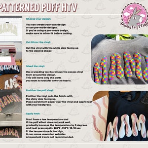 May include: A step-by-step guide for applying patterned puff HTV vinyl to fabric. The image shows the process, including cutting, weeding, positioning, and applying heat. The word "MAMA" is used as an example.