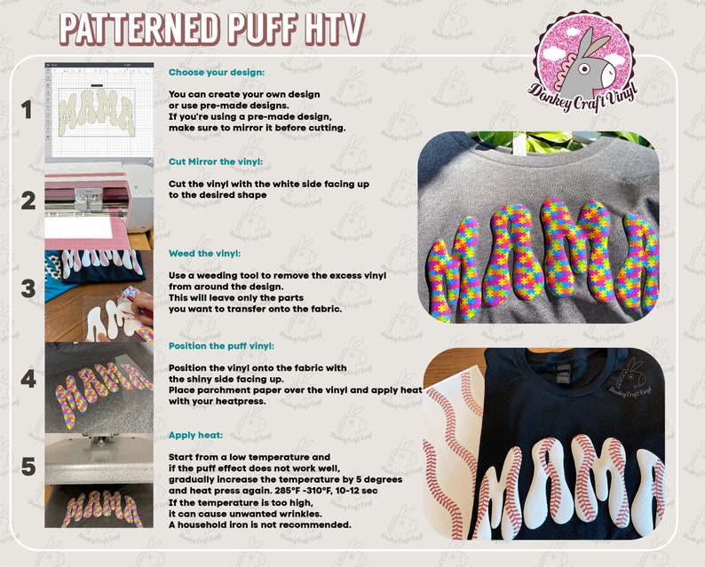 May include: A step-by-step guide for applying patterned puff HTV vinyl to fabric. The image shows the process, including cutting, weeding, positioning, and applying heat. The word "MAMA" is used as an example.