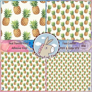 May include: Four patterned vinyl sheets featuring a repeating watercolor pineapple design. The sheets are labeled: Heat Transfer Vinyl, Adhesive Vinyl, Faux Leather, and PUFF & Glitter HTV. A Donkey Craft Vinyl logo is in the center.