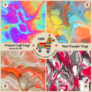 May include: A collage of four colorful vinyl sheets with abstract patterns. The top left features vibrant blues, purples, and oranges. The top right has yellows, oranges, and blues. The bottom left is orange and beige, and the bottom right is red, black, and white. Text includes "Printed Craft Vinyl" and "Heat Transfer Vinyl."