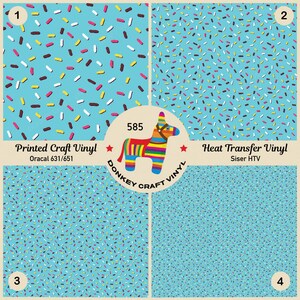 May include: Four squares of blue patterned vinyl with a donkey pinata graphic in the center. The top left square is labeled "1" and says "Printed Craft Vinyl Oracal 631/651". The top right square is labeled "2" and says "Heat Transfer Vinyl Siser HTV". The bottom left square is labeled "3" and the bottom right square is labeled "4".
