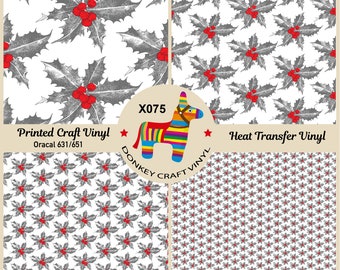 Christmas Holly Berries Printed HTV, Iron on Vinyl, Glitter HTV, Pattern Vinyl, Puff Heat transfer Vinyl,  Adhesive Craft Vinyl- X075