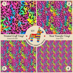 May include: Four colorful leopard print patterns with a donkey pinata graphic in the center. The patterns are labeled 1, 2, 3, and 4. The text "Printed Craft Vinyl Oracal 631/651" and "Heat Transfer Vinyl Siser HTV" are also included.