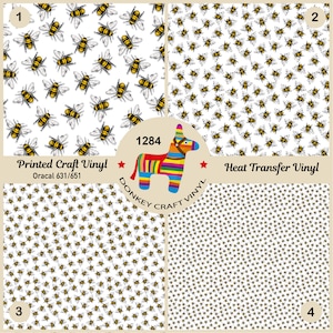 May include: Four different patterns of craft vinyl are shown, each with a white background and a repeating pattern of yellow and black bees. The text "Printed Craft Vinyl" and "Heat Transfer Vinyl" are displayed, along with the Donkey Craft Vinyl logo.