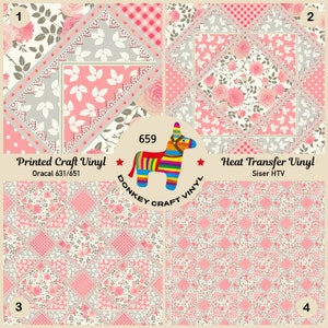 May include: Four samples of craft vinyl with floral and geometric patterns. The top left sample is labeled "Printed Craft Vinyl" and the top right sample is labeled "Heat Transfer Vinyl". The Donkey Craft Vinyl logo is in the center.