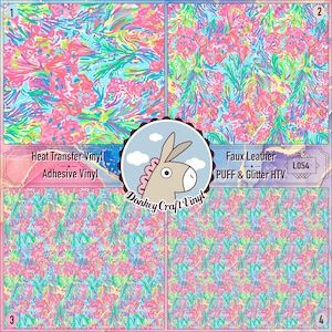 May include: Four squares of colorful patterned fabric with a donkey logo in the center. The top left square is labeled "Heat Transfer Vinyl Adhesive Vinyl". The top right square is labeled "Faux Leather PUFF & Glitter HTV L054".