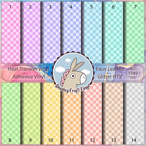 May include: A chart with 14 squares, each with a different color and pattern. The squares are labeled with numbers 1 through 14. The chart is titled "Heat Transfer Vinyl Adhesive Vinyl" and "Faux Leather Glitter HTV".