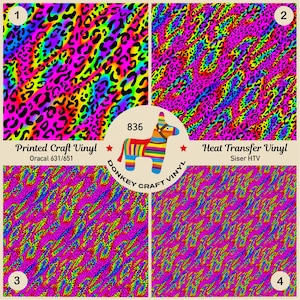 May include: Four vibrant vinyl samples with a neon leopard print design. The samples are numbered 1-4 and include the text "Printed Craft Vinyl" and "Heat Transfer Vinyl". A colorful donkey pinata logo is in the center.