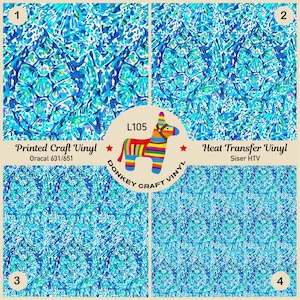 May include: Four samples of patterned vinyl, two printed craft vinyl and two heat transfer vinyl. The samples are arranged in a grid with the text "Printed Craft Vinyl Oracal 631/651" and "Heat Transfer Vinyl Siser HTV" below the top two samples. The text "L105 DONKEY CRAFT VINYL" is in the center of the image.