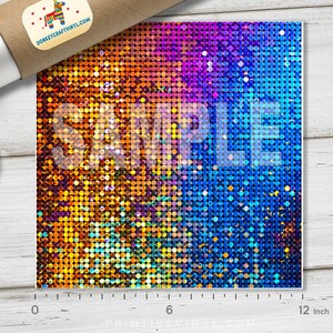May include: A square sheet of vinyl with a gradient of colors, transitioning from orange to purple to blue. The surface is covered in small, reflective circles. The word "SAMPLE" is printed across the center. The sheet measures approximately 12 inches.