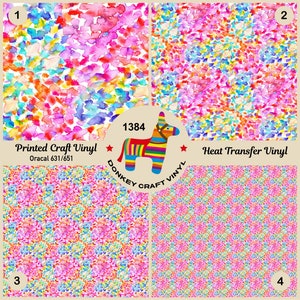 May include: Four colorful watercolor patterns on a white background. The patterns are made up of small, irregular shapes in shades of pink, blue, yellow, orange, and green. The patterns are labeled 1, 2, 3, and 4. The text "Printed Craft Vinyl Oracal 631/651" and "Heat Transfer Vinyl" are also included in the image. The text "1384 DONKEY CRAFT VINYL" is in a circle with a donkey illustration.