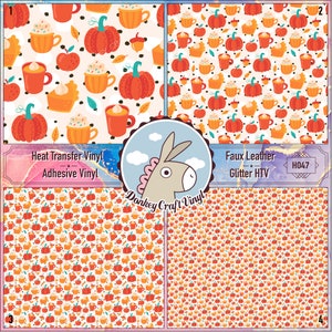 May include: Four different fall-themed vinyl patterns. The patterns include pumpkins, mugs of coffee, apples, and leaves in shades of orange, yellow, and brown. The image also includes text that reads "Heat Transfer Vinyl Adhesive Vinyl" and "Faux Leather Glitter HTV".