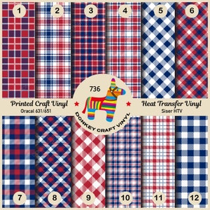 May include: A selection of patterned vinyl sheets in red, white, and blue. The designs include plaid, gingham, and diamond patterns. The image also features a colorful donkey piñata logo and the text "Printed Craft Vinyl" and "Heat Transfer Vinyl".