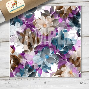 May include: A floral pattern vinyl sheet featuring a repeating design of layered flowers and leaves in shades of white, purple, blue, and brown. The sheet measures 12 inches in length. The word "SAMPLE" is overlaid on the design.