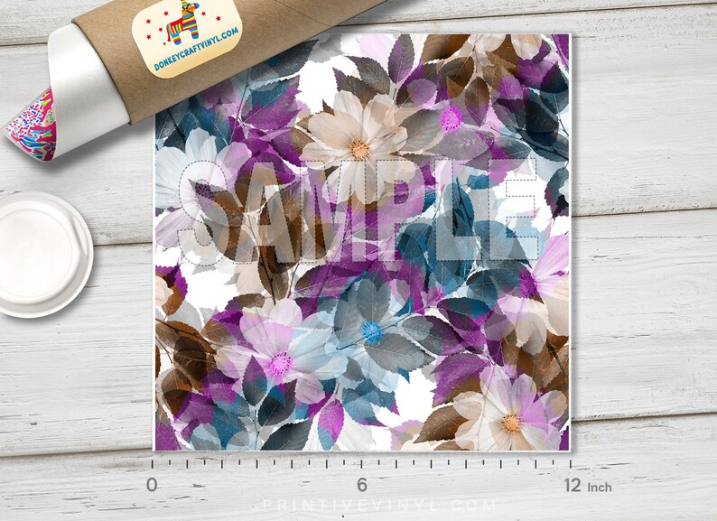 May include: A floral pattern vinyl sheet featuring a repeating design of layered flowers and leaves in shades of white, purple, blue, and brown. The sheet measures 12 inches in length. The word "SAMPLE" is overlaid on the design.