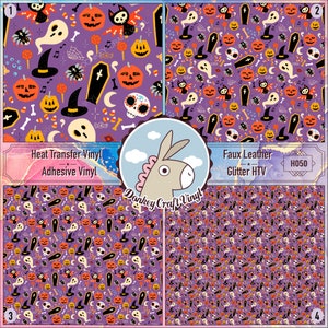 May include: Four Halloween-themed fabric swatches with a purple background. The patterns include pumpkins, ghosts, spiders, coffins, and witch hats. The image also includes the text "Heat Transfer Vinyl", "Adhesive Vinyl", "Faux Leather", and "Glitter HTV".